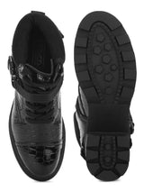 Black Croc Patent Buckle Belt Lace-Up Block Heel Ankle Boots
