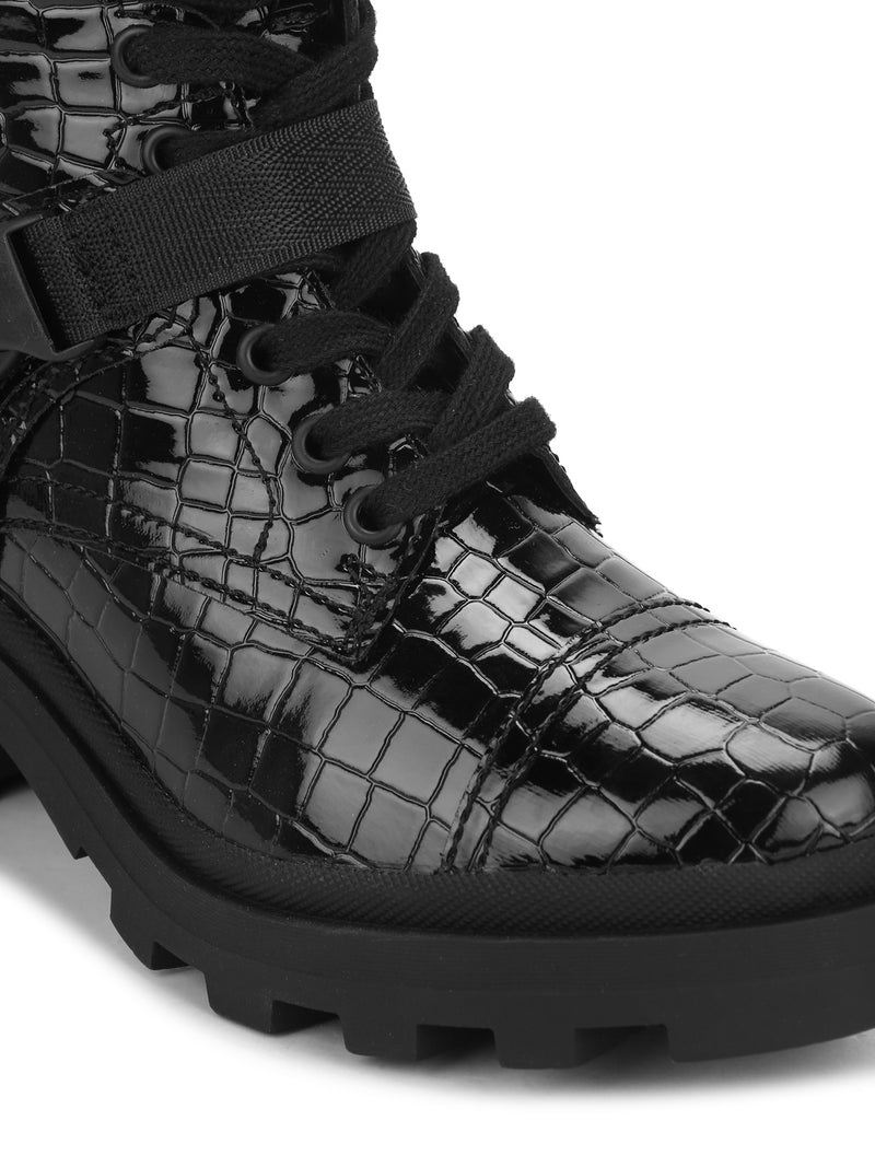 Black Croc Patent Buckle Belt Lace-Up Block Heel Ankle Boots