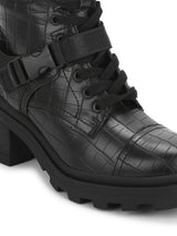 Black Croc PU Buckle Belt Lace-Up Block Heel Ankle Boots
