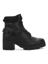 Black PU Buckle Belt Lace-Up Block Heel Ankle Boots