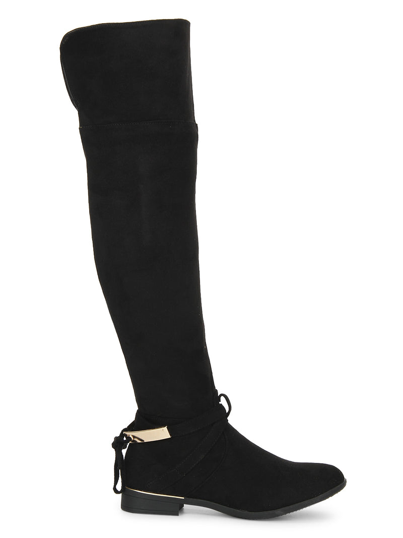 Black Microfibre Bow Flat Long Boots