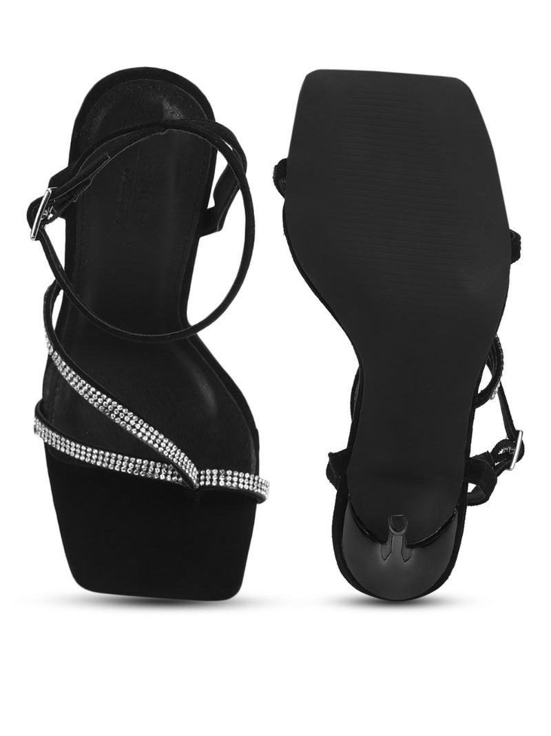 Black Micro Diamante Stilettos With Slim Straps