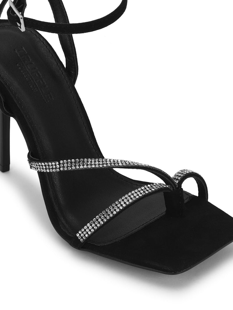Black Micro Diamante Stilettos With Slim Straps