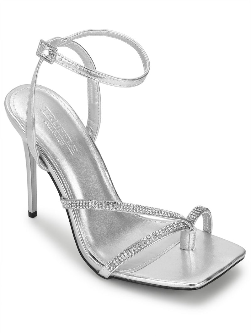 Silver PU Diamante Stilettos With Slim Straps