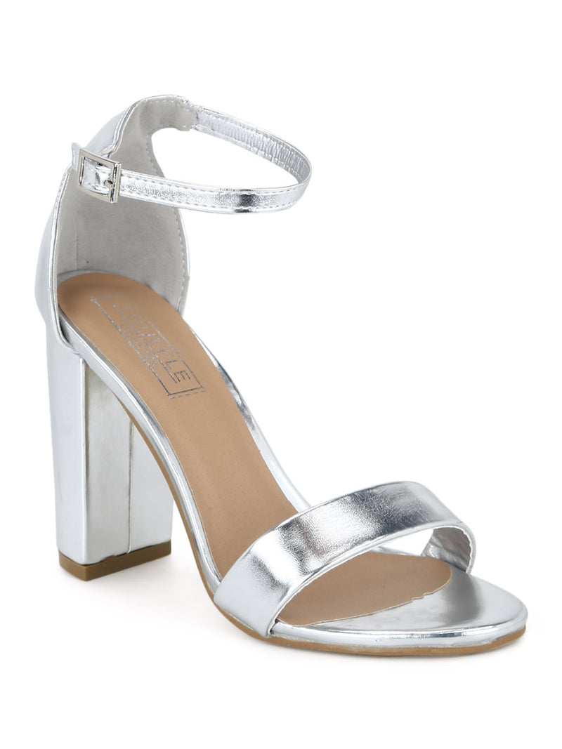 Silver Metallic Weave Block Heel Sandals
