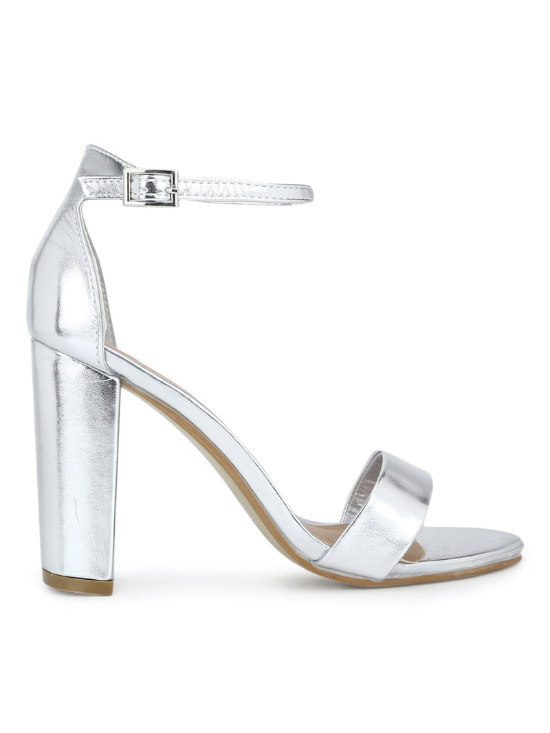 Silver Metallic Weave Block Heel Sandals