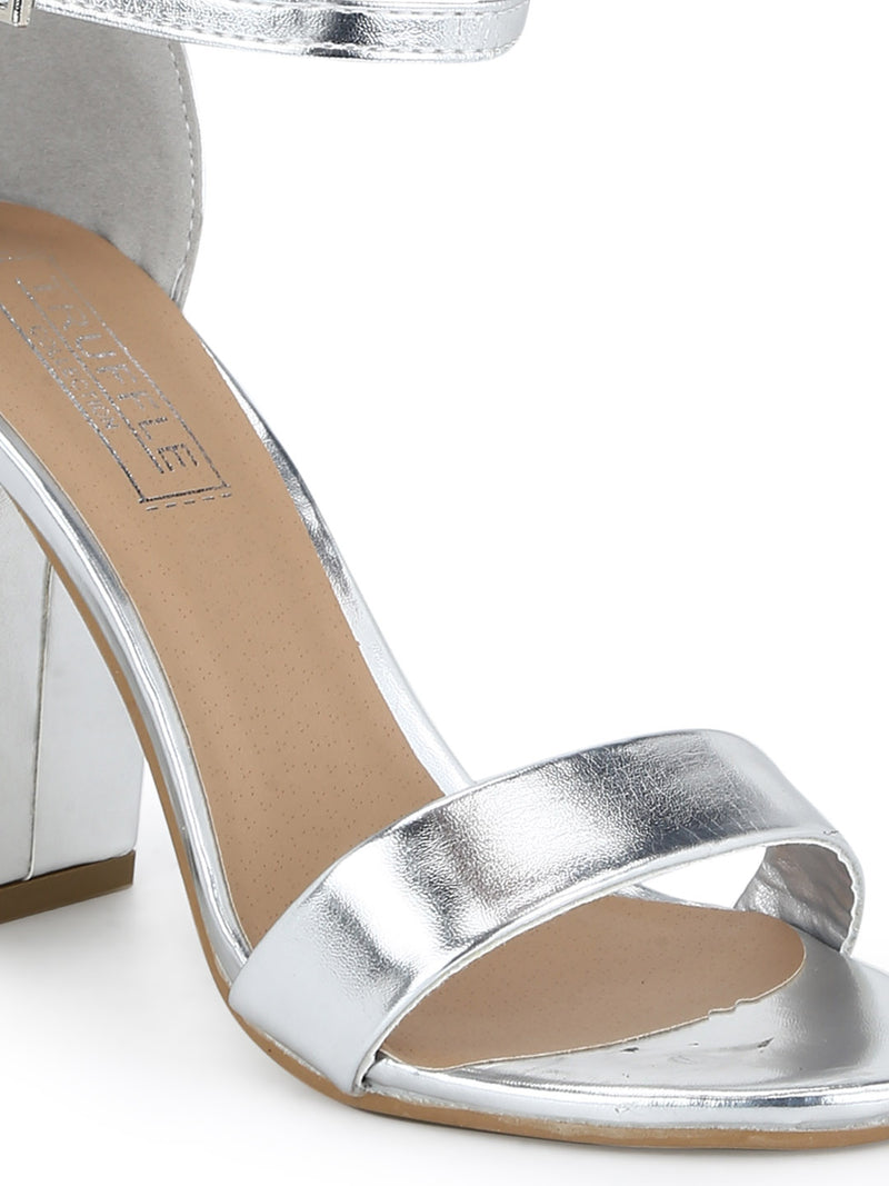 Silver Metallic Weave Block Heel Sandals