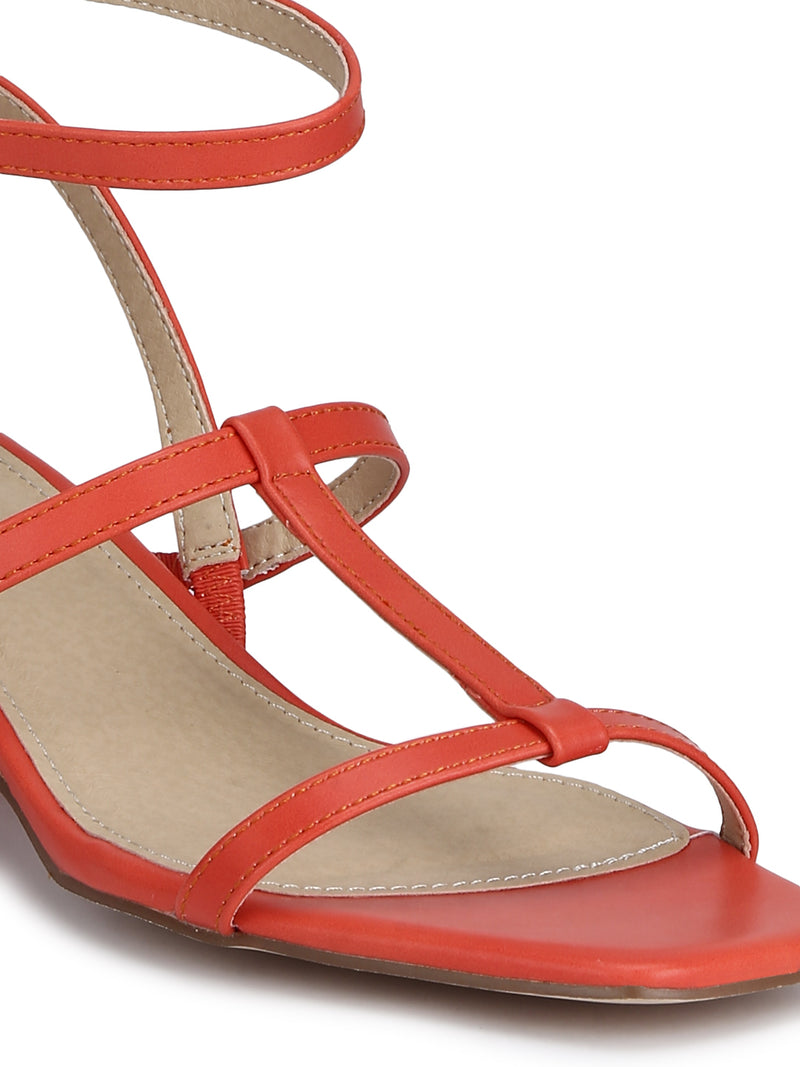 Orange PU Thin Strappy Ankle Strap Sandals
