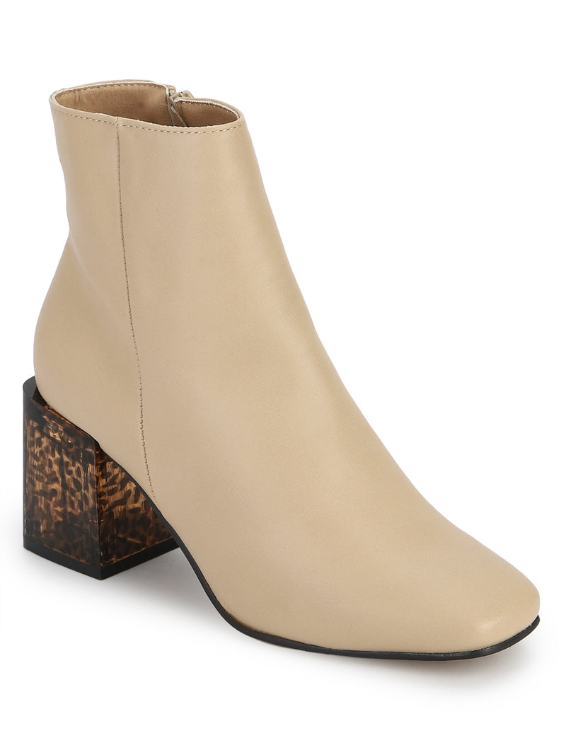 Nude PU Patterned Block Heel Ankle Boots