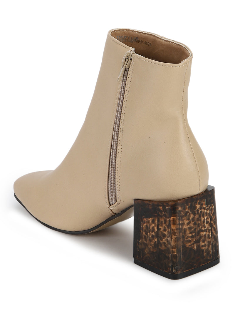 Nude PU Patterned Block Heel Ankle Boots