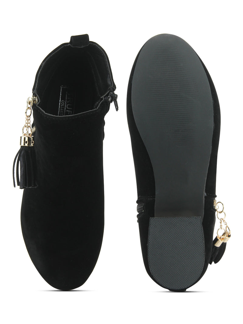 Black Microfibretassled Flat Ankle Boots