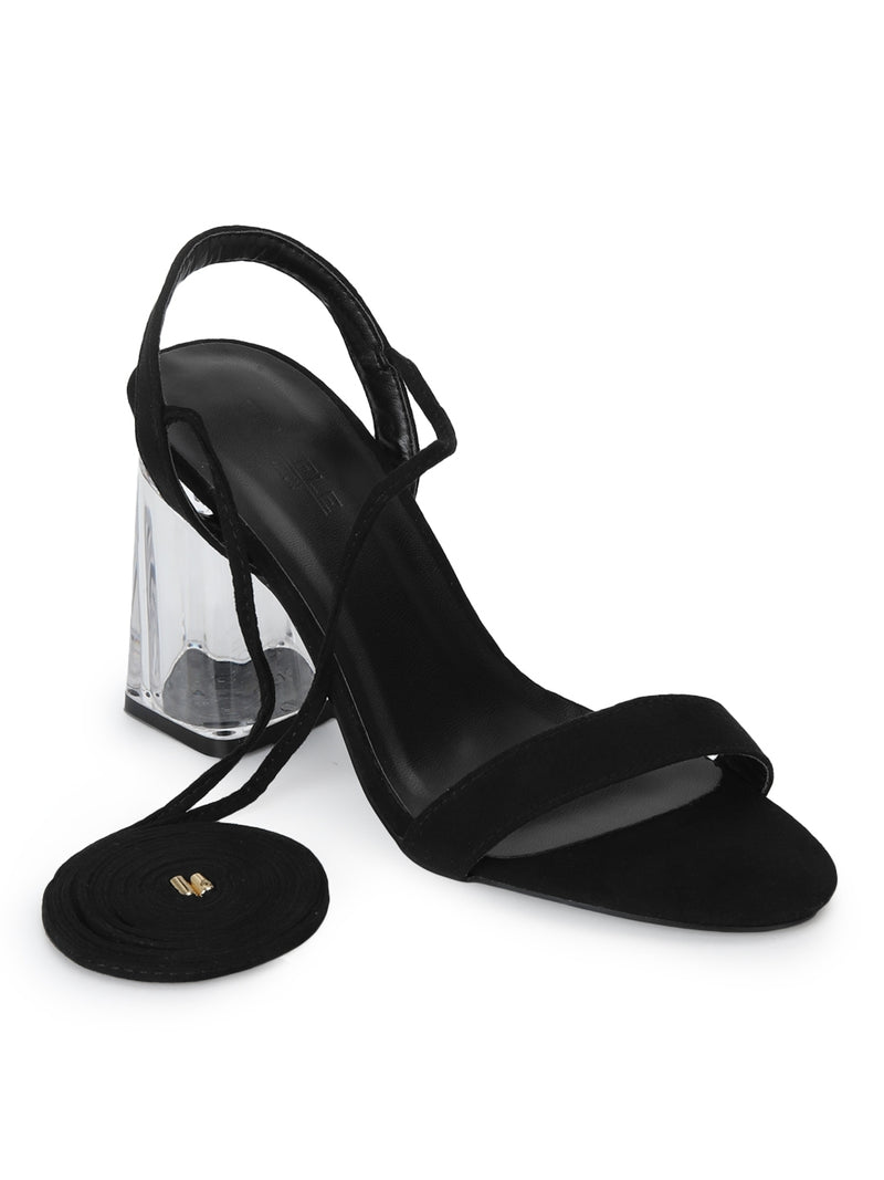 Black Micro Perspex Block Heel Lace Up Sandals