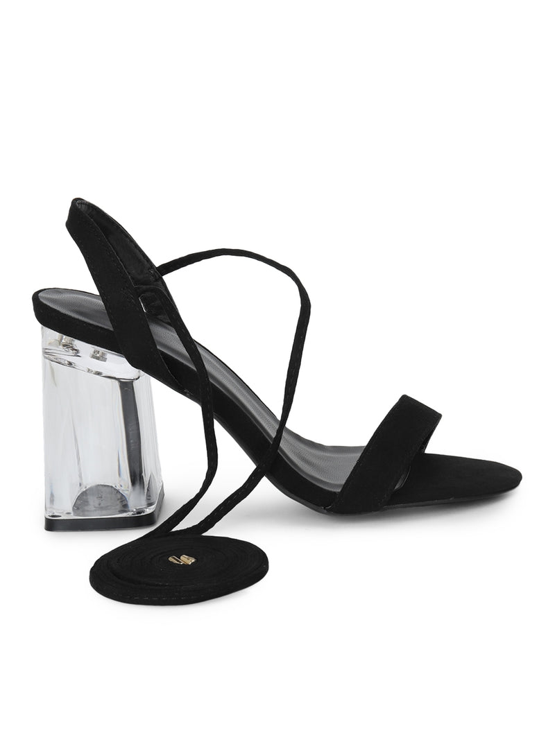 Black Micro Perspex Block Heel Lace Up Sandals