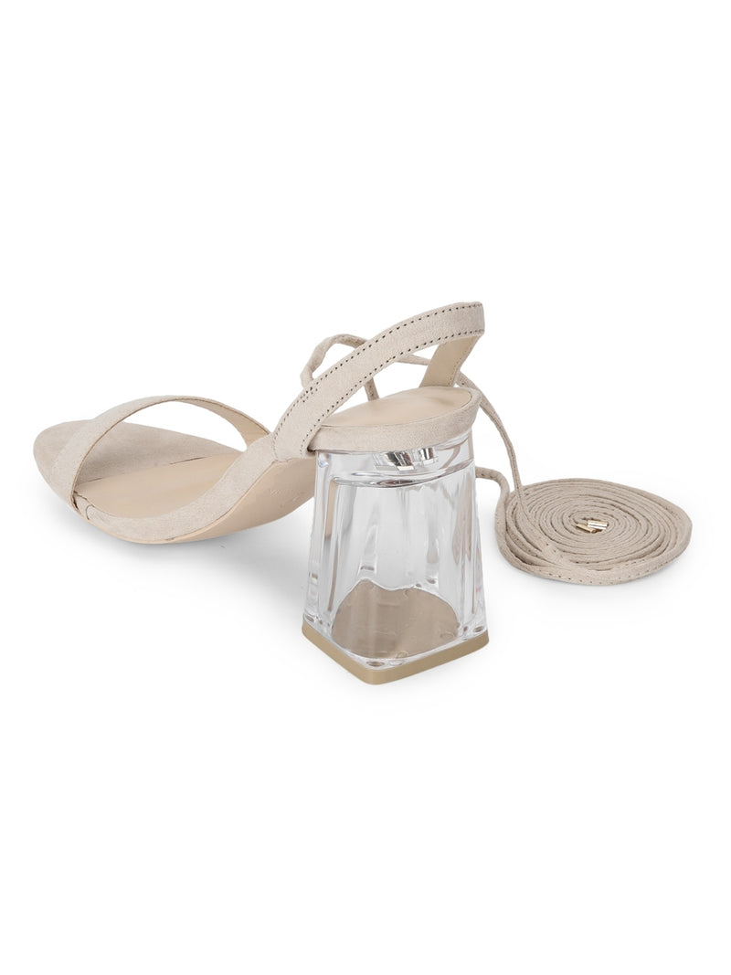 Nude Micro Perspex Clear Block Heel Lace Up Sandals