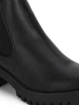 Black PU Elasticated Low Block Heel Ankle Boots
