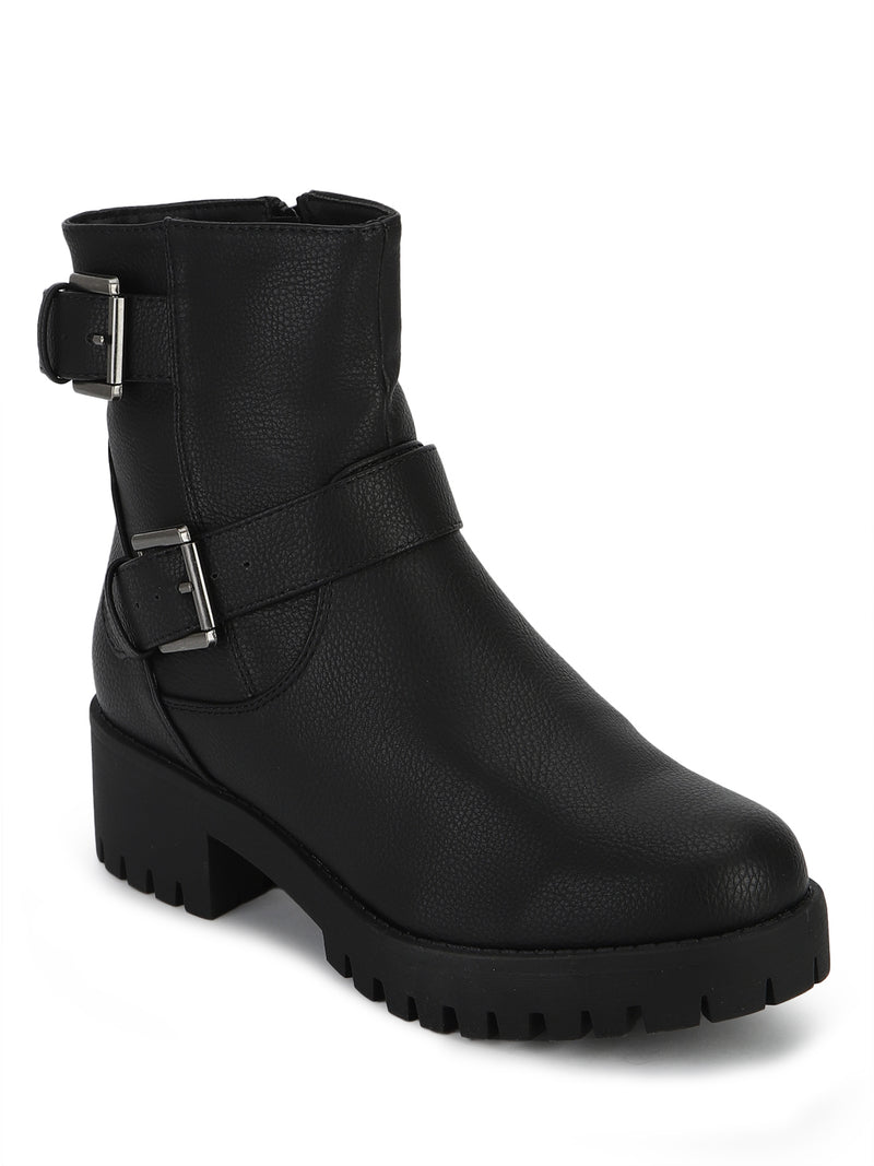 Black PU Double Buckle Low Heel Ankle Boots