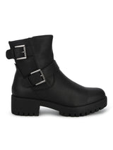 Black PU Double Buckle Low Heel Ankle Boots