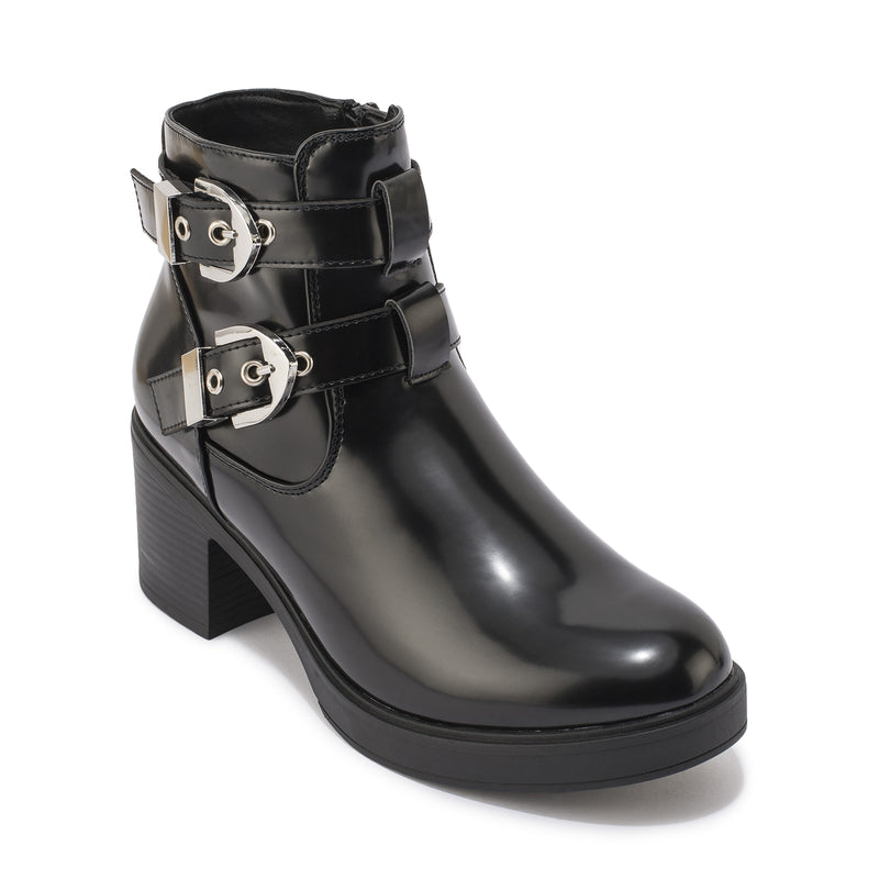 Black Chunk Buckle Detail Ankle Boot