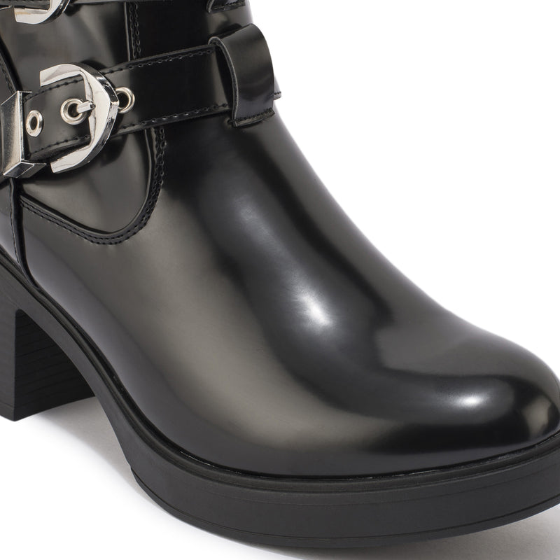 Black Chunk Buckle Detail Ankle Boot