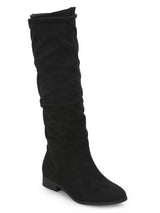 Black Micro Slouch Flat Calf Length Long Boots
