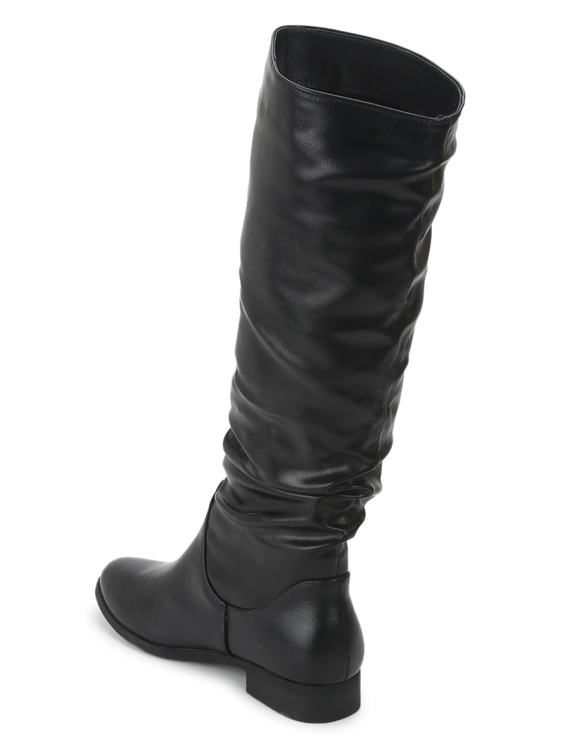 Black PU Slouch Flat Calf Length Long Boots