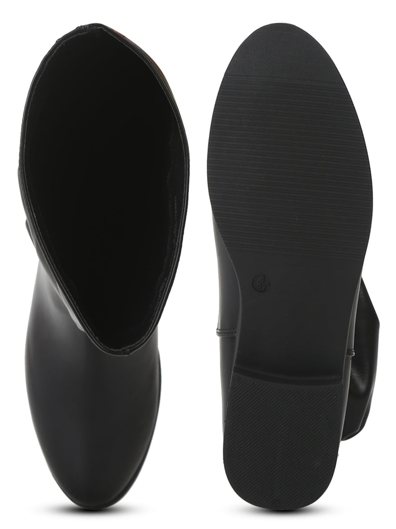 Black PU Slouch Flat Calf Length Long Boots