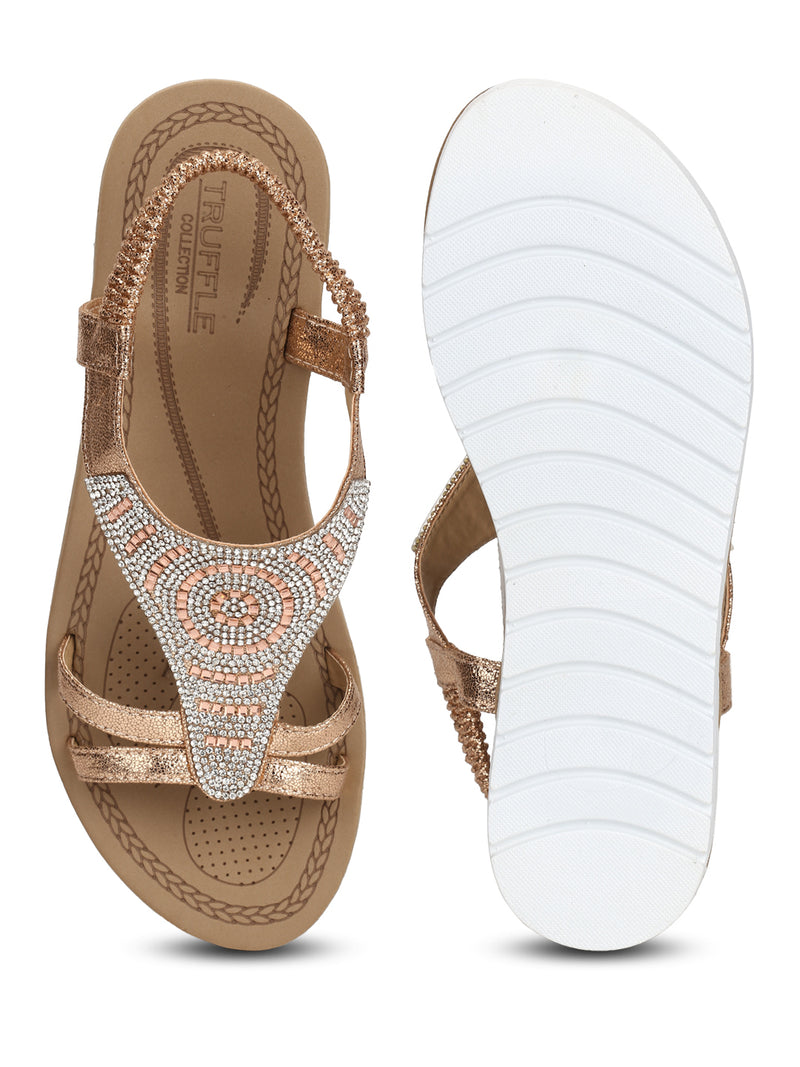 Rose Gold Met Diamante Double Strap Platform Slip-On Sandals