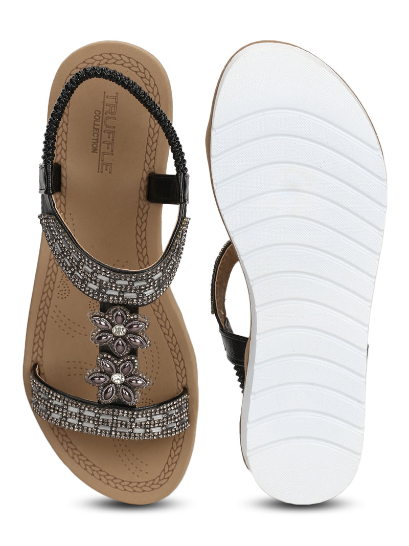 Black PU Diamante Platform Slip-On Sandals