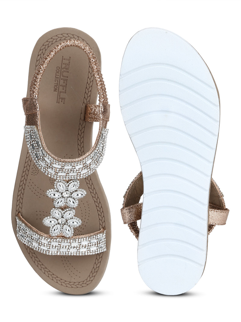 Rose Gold Met Diamante Platform Slip-On Sandals
