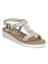 Silver Met Diamante Platform Slip-On Sandals