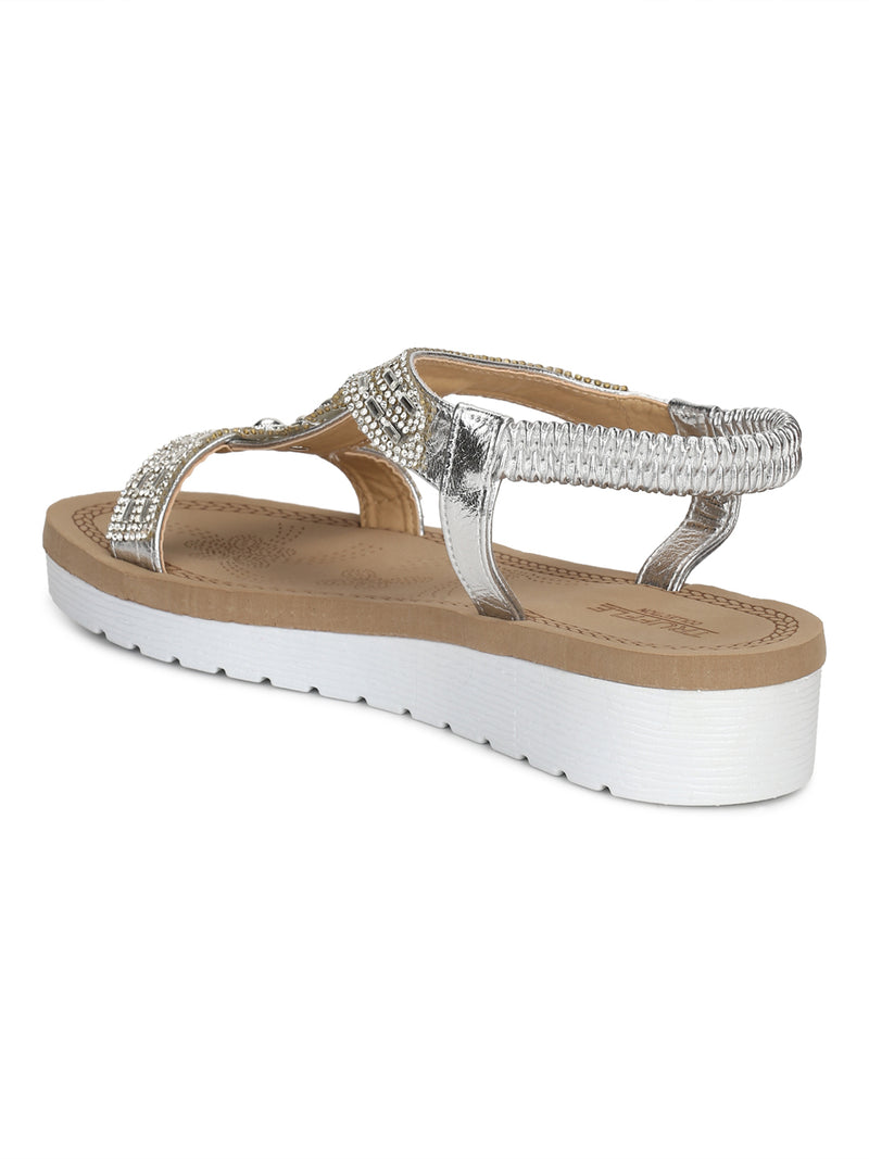Silver Met Diamante Platform Slip-On Sandals