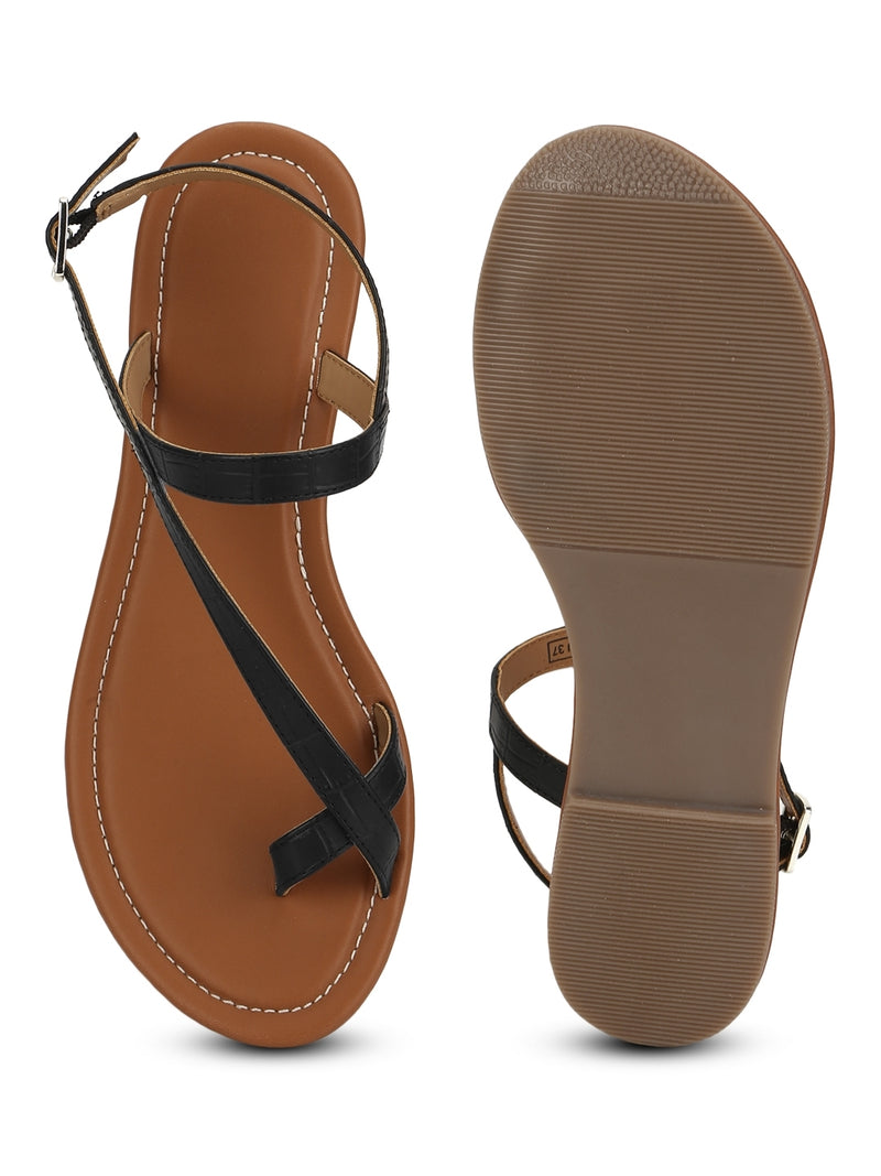 Black Ankle Strap Croc PU Flat Sandals