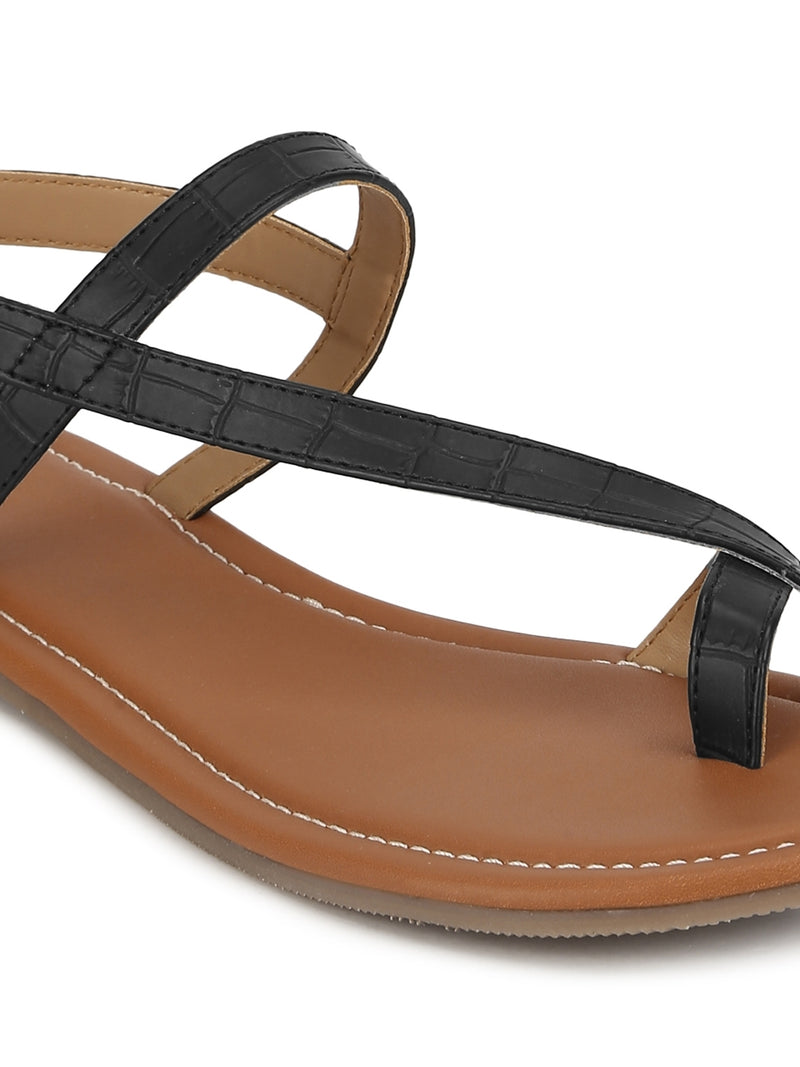 Black Ankle Strap Croc PU Flat Sandals