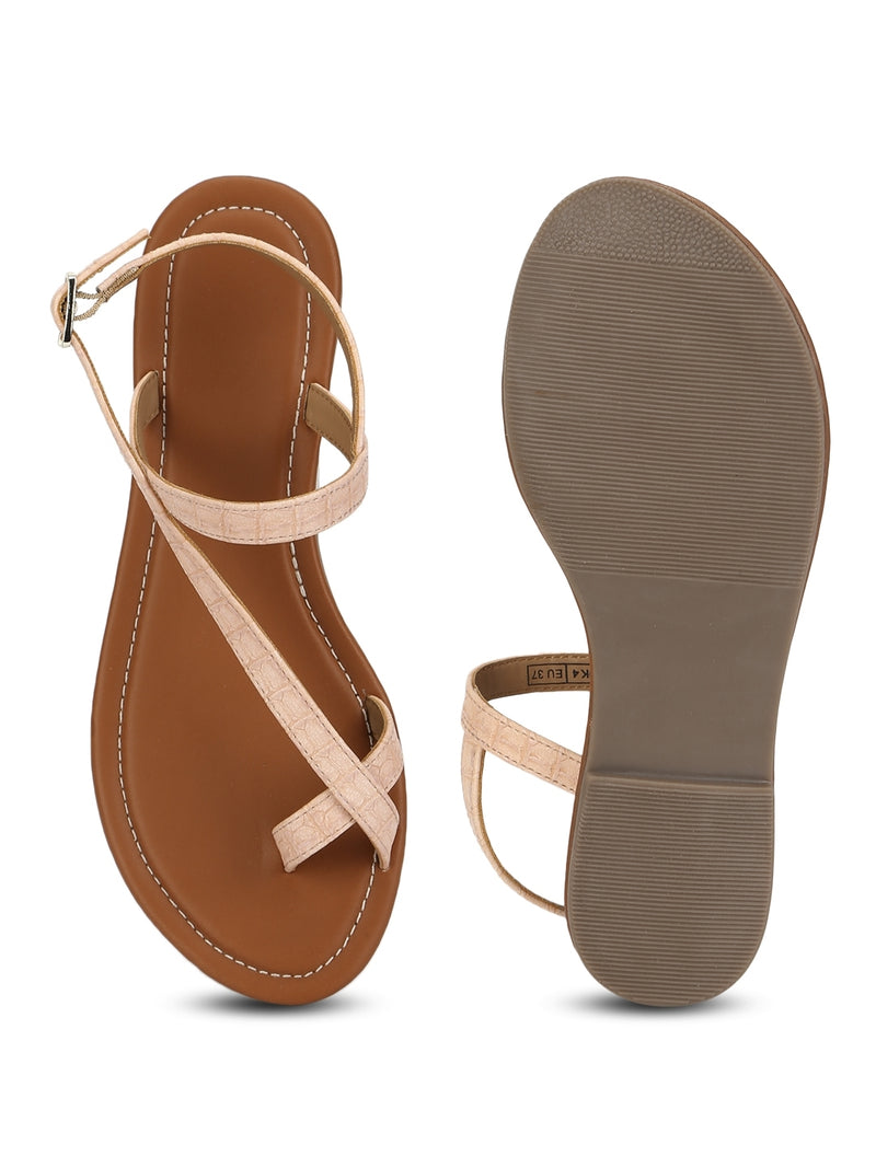 Nude Ankle Strap Croc PU Flat Sandals