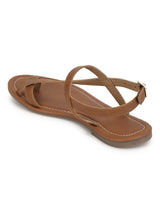 Tan Ankle Strap Croc PU Flat Sandals