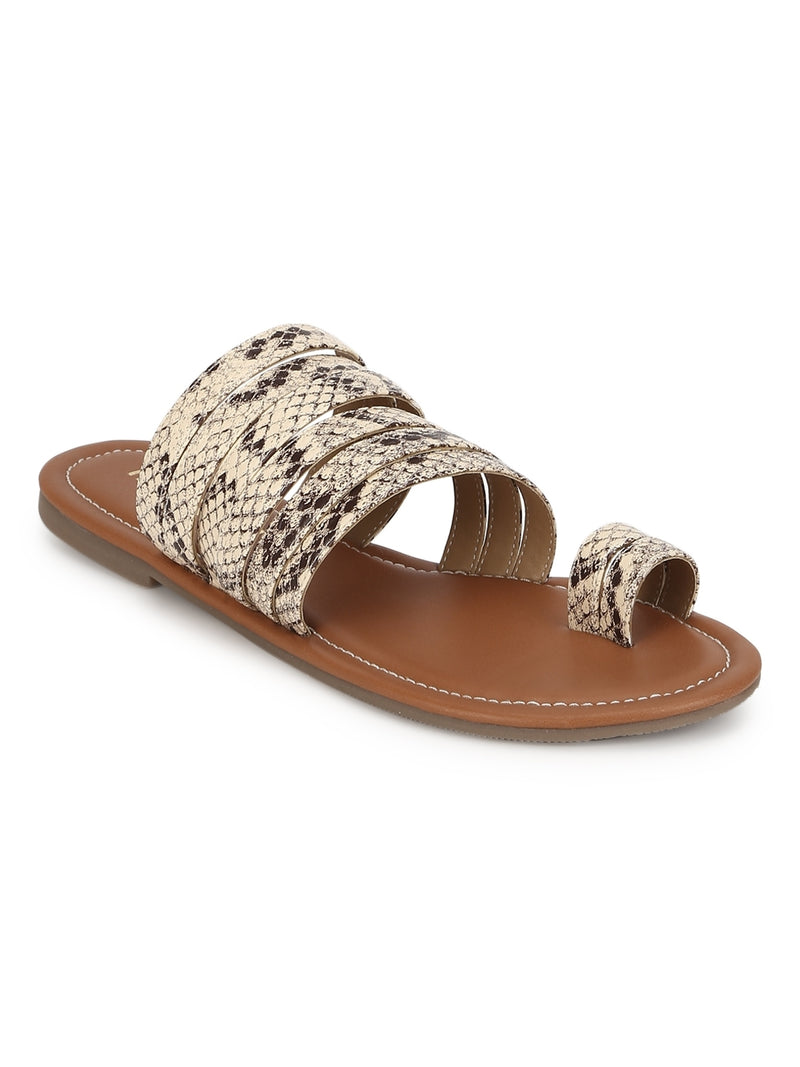 Beige Natural Snake PU Flat Slip On Sandals