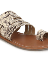 Beige Natural Snake PU Flat Slip On Sandals