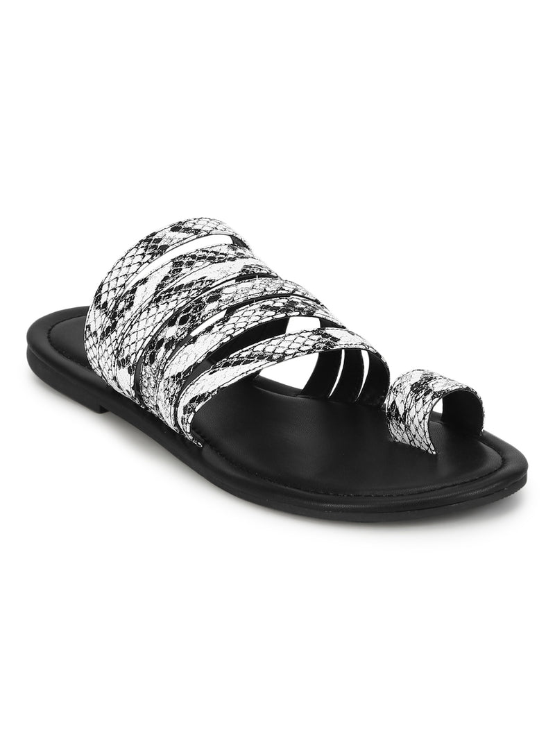 Black & White Snake PU Flat Slip On Sandals
