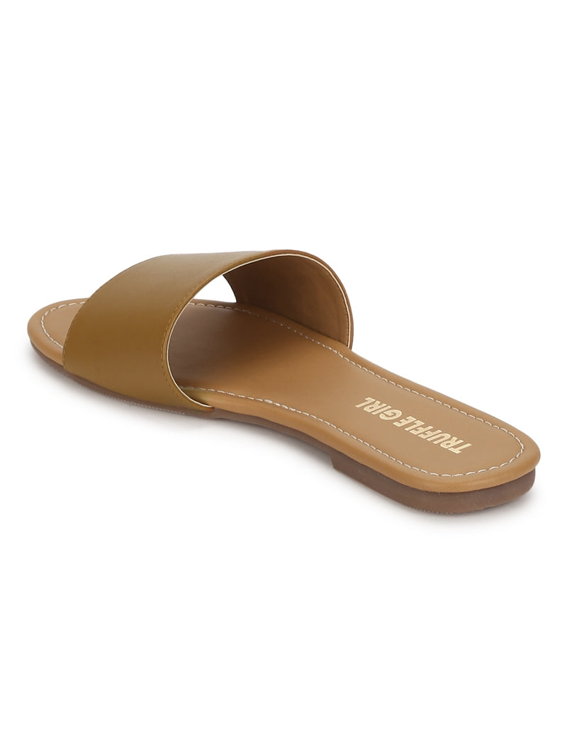 Camel PU Slide on Flat  Sandals