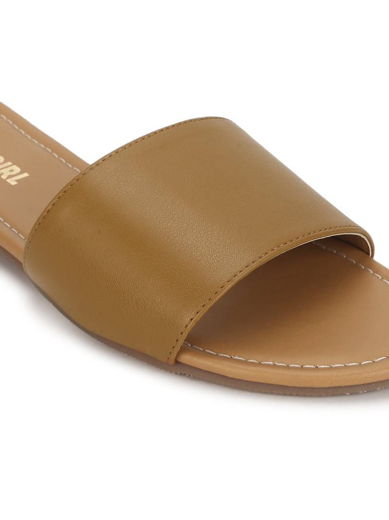 Camel PU Slide on Flat  Sandals