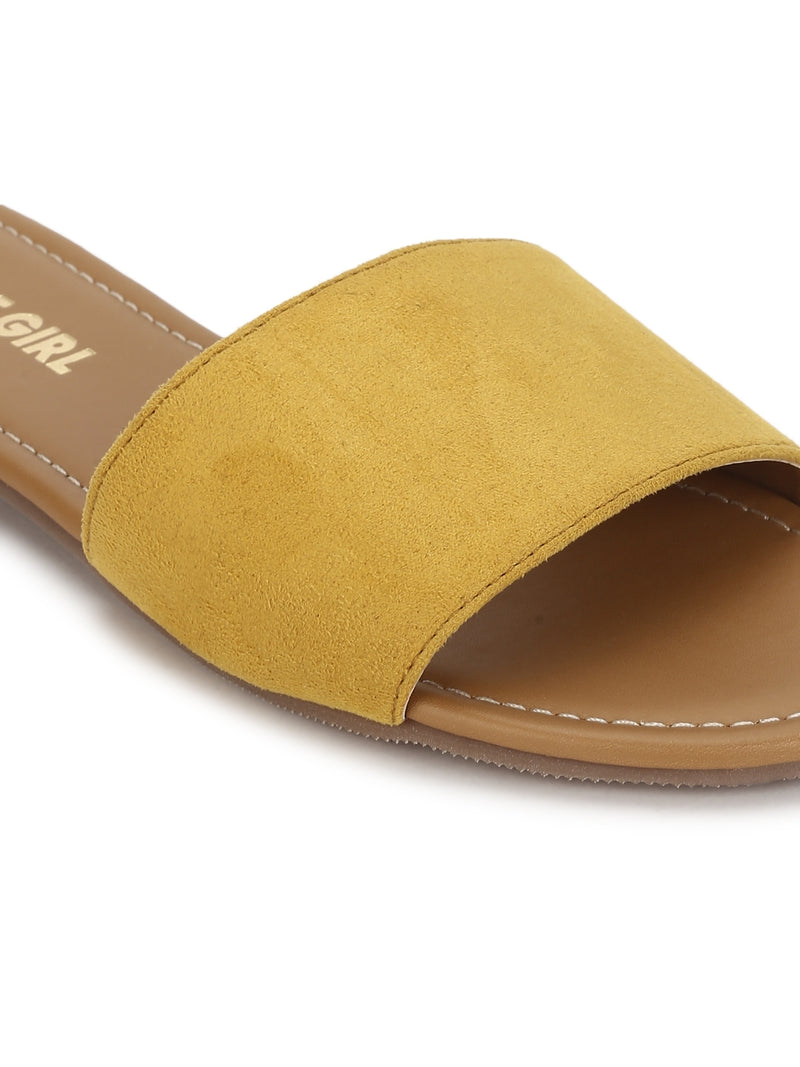 Mustard PU Slide on Flat Sandals