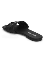 Black PU Woven Slide On Flat Sandals