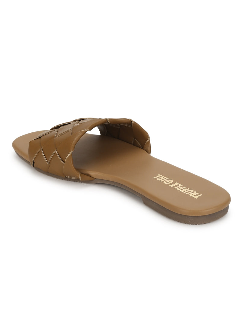 Camel PU Woven Slide On Flat Sandals