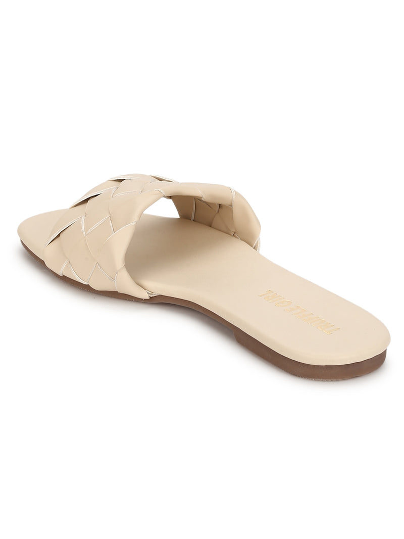 Nude PU Woven Slide On Flat Sandals
