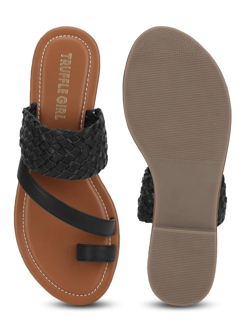 Black Woven PU Flat Slip On Sandals