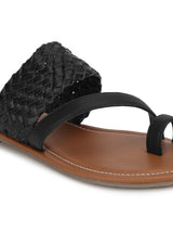 Black Woven PU Flat Slip On Sandals