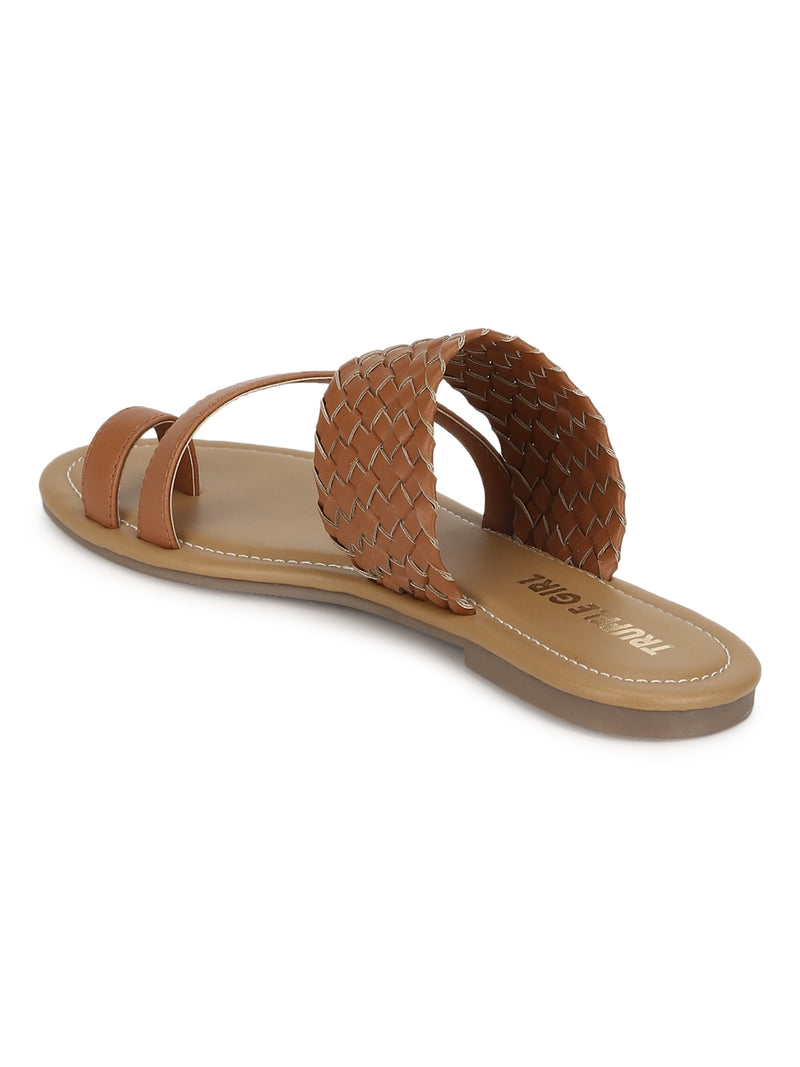 Tan Woven PU Flat Slip On Sandals