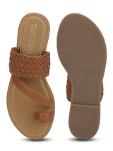 Tan Woven PU Flat Slip On Sandals