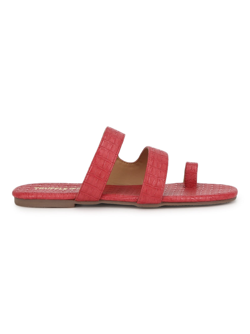Red Croc PU Flat Slip On Sandals