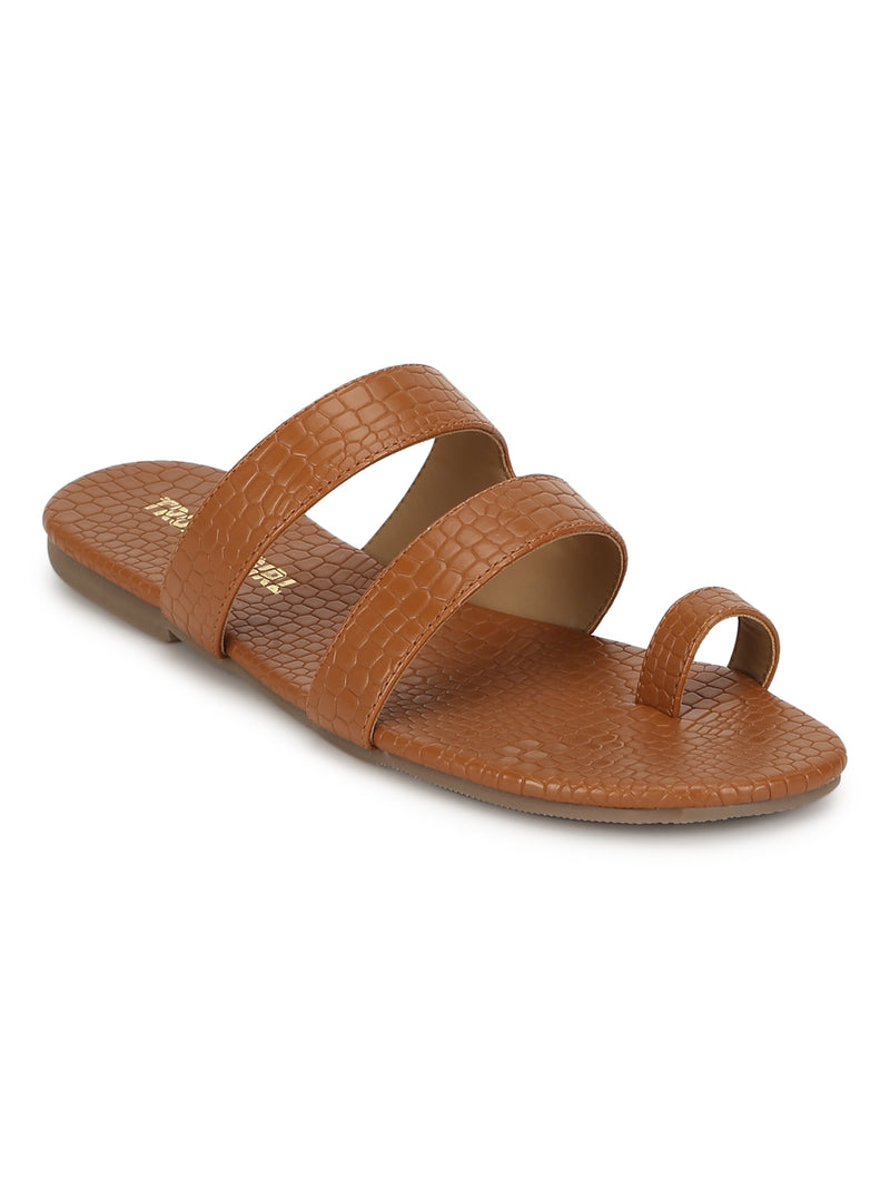 Tan Croc PU Flat Slip On Sandals